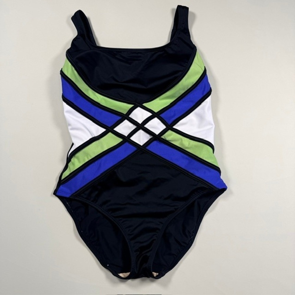 Longitude Flattering Womens One Piece Swimsuit Black Blue Green Geometric Sz 12